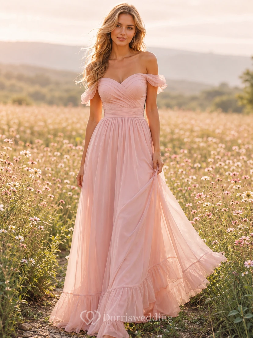 Vestido de retrato de gasa color rosa con hombros descubiertos y bajo con volantes