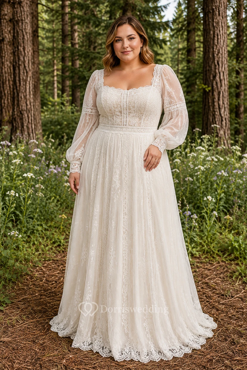Robe de mariée grande taille à col carré, manches longues et dentelle, coupe trapèze