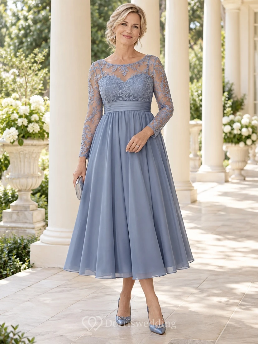 Staubblaues Mutter-der-Braut-Kleid im Empire-Stil, A-Linie, Teelänge, Chiffon, Spitzenärmel