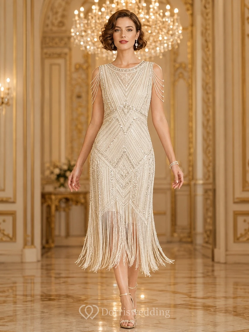 Vestido de tubo sin mangas con lentejuelas y flecos, estilo art déco, color champán.