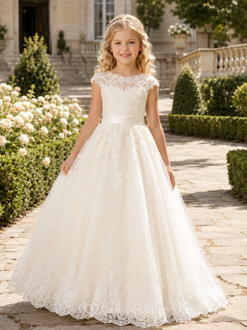 A-Line Flowergirl Lace Tulle Floor-Length Cap Sleeve Classic Garden Wedding Gown with Scalloped Hem