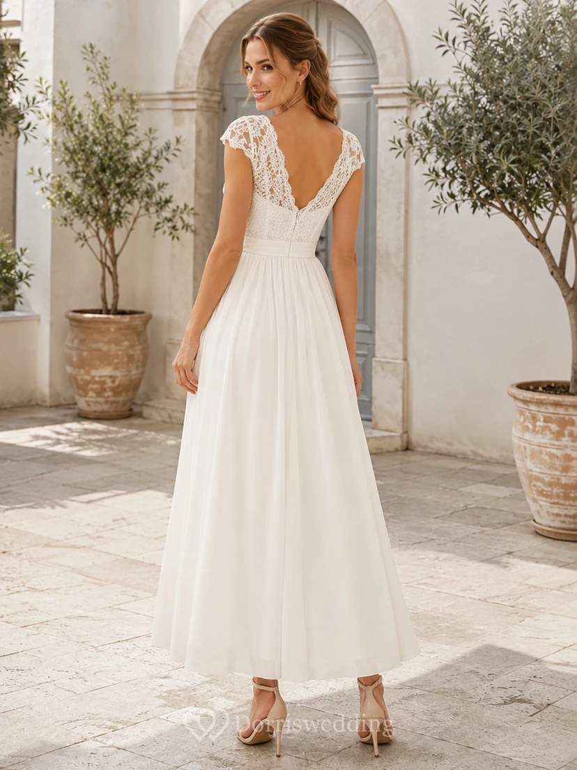 Romantic Civil Tulle A Line V Neck Cap Lace Sleeve Tea Wedding Dress view 2
