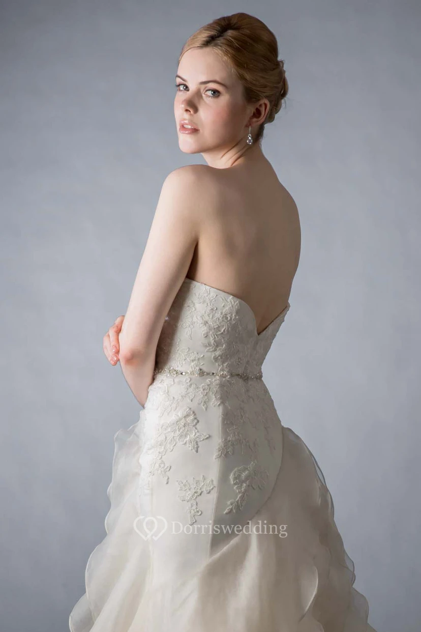 A-Line Sweetheart Appliqued Long Organza Wedding Dress With Cascading Ruffles And Tiers view 4