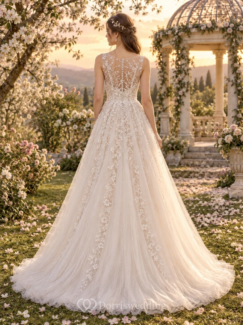 Robe de mariée en tulle à col bijou illusion et sans manches, coupe trapèze, en dentelle florale et tulle, sans manches. view 2