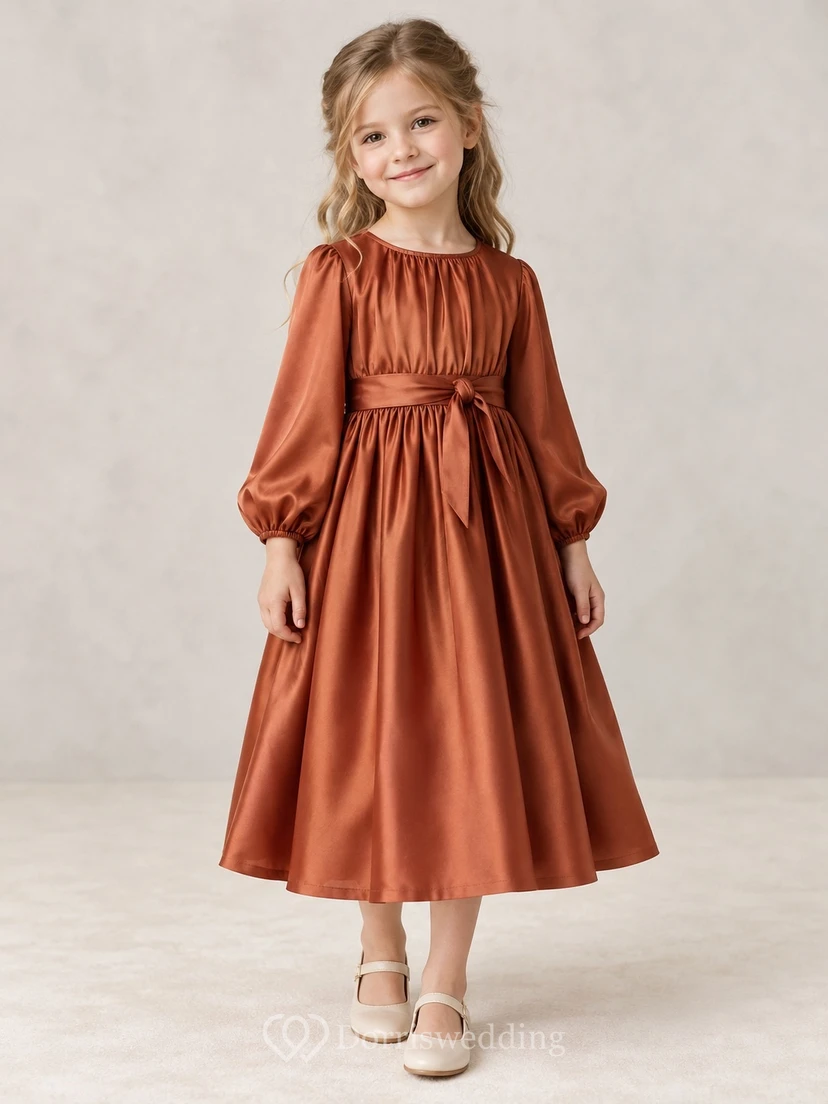 Long Sleeve Tea-length Country Rust Gathered Neck Satin Flower Girl Dress