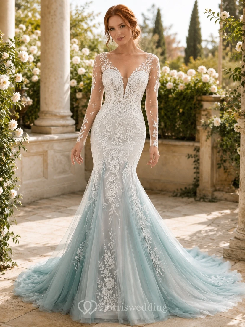 Türkisfarbenes Meerjungfrauen-Brautkleid mit V-Ausschnitt, langen Ärmeln, Tüllspitze und Kapellenschleppe – ein luxuriöses Kleid