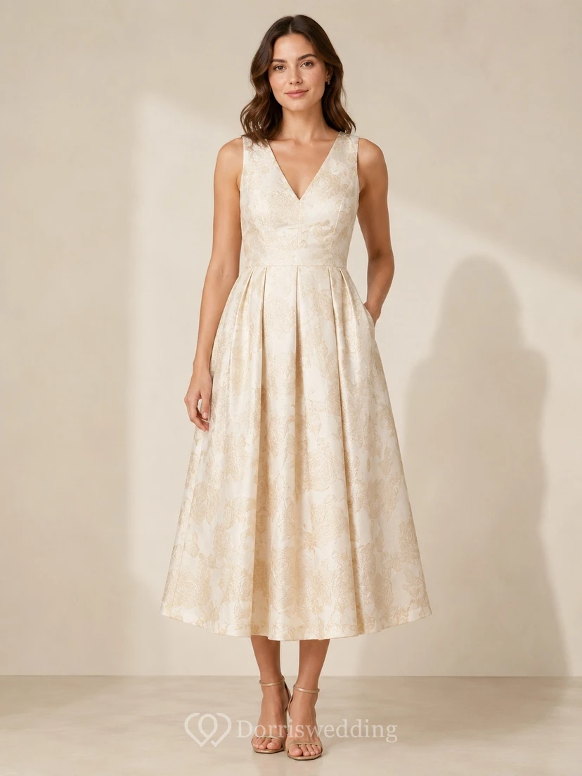 Champagne Jacquard Taffeta V-Neck A-Line Tea Length Elegant Formal Dress