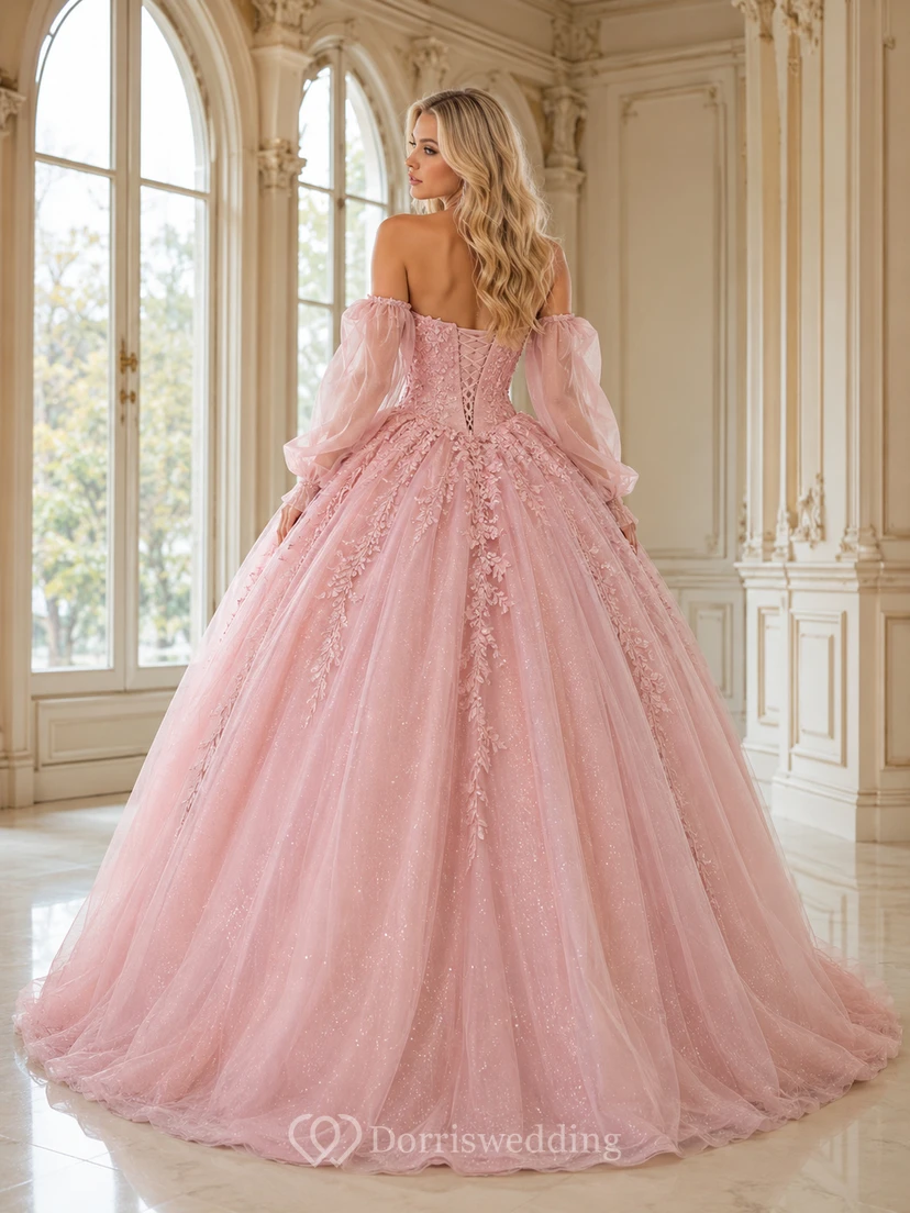 Robe de bal de princesse Quinceañera en tulle pailleté rose poudré luxueux à manches bouffantes amovibles et manches bouffantes amovibles view 2