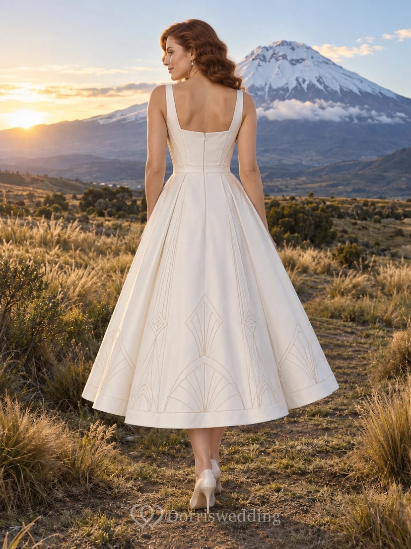 Vestido de novia de satén de algodón de largo midi con escote cuadrado, detalles geométricos y falda en línea A. view 2