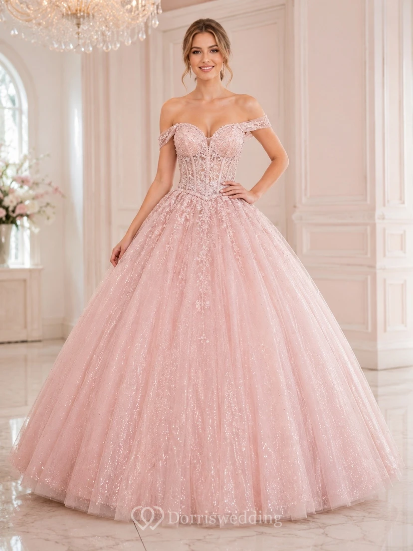Off Shoulder Blushing Pink Tulle Ball Gown Romantic Sweet Sixteen Dress