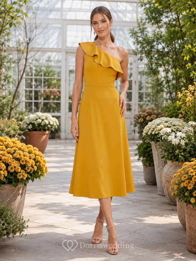 Gold One Shoulder Ruffle Satin A Line Midi Guest Dress