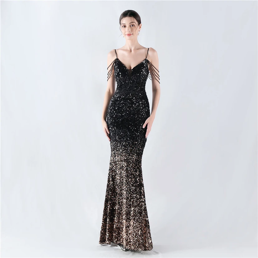 Velvet-Bottom Gradient Sequined Sexy Beaded Suspender Evening Dress view 50