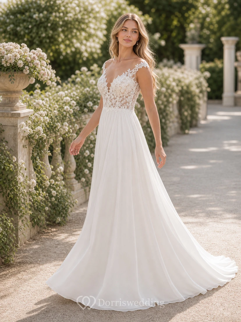 Chiffon-Etui-Brautkleid mit schulterfreiem Ausschnitt und schlichter Spitzenapplikation view 5