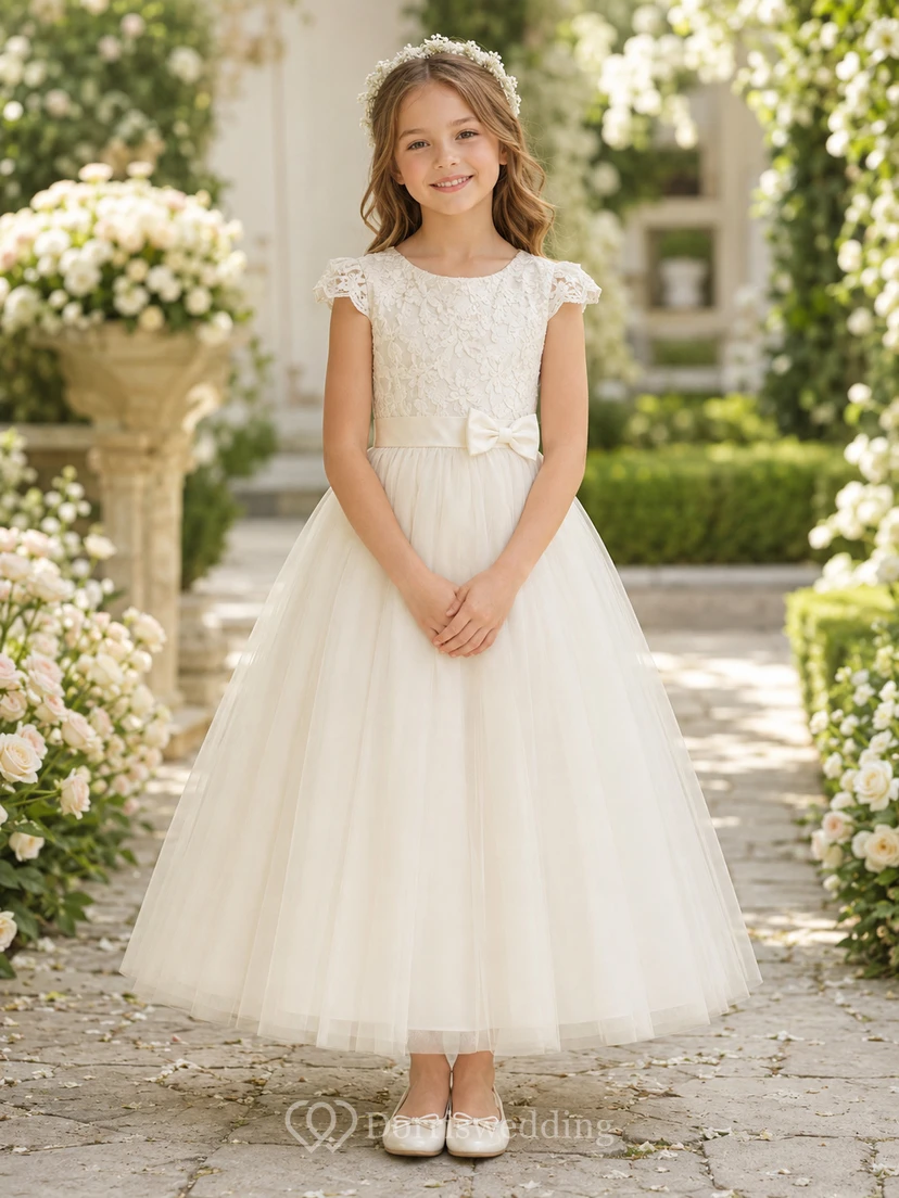 Flower Girl Dress Ivory Lace Tulle A-Line Jewel Neck Tea Length