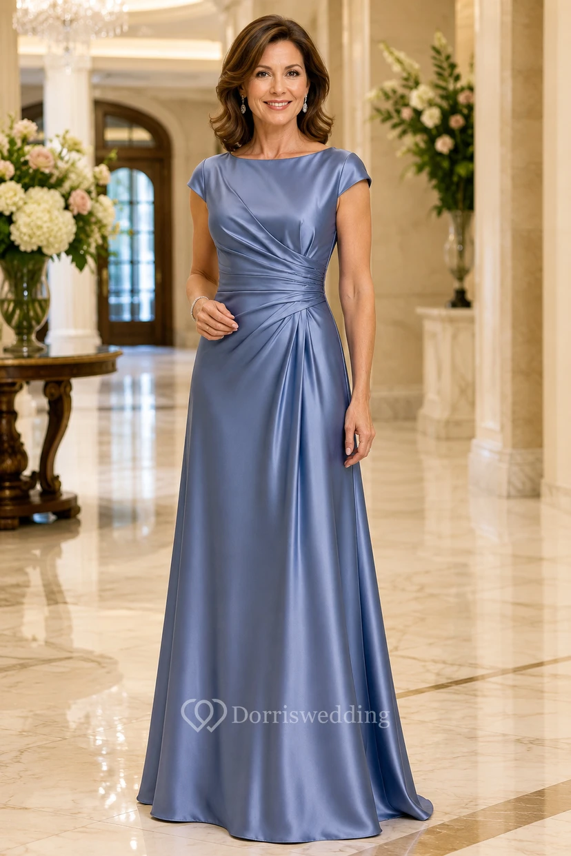 Stahlblaues A-Linien-Kleid aus Satin mit seitlicher Drapierung