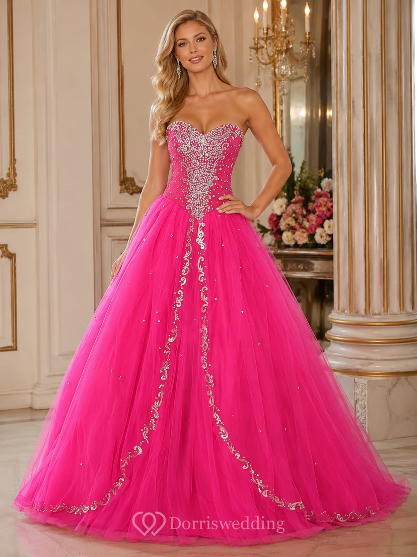 Ball Gown Long Sweetheart Sleeveless Bell Beading Appliques Lace-Up Back Tulle Lace Dress