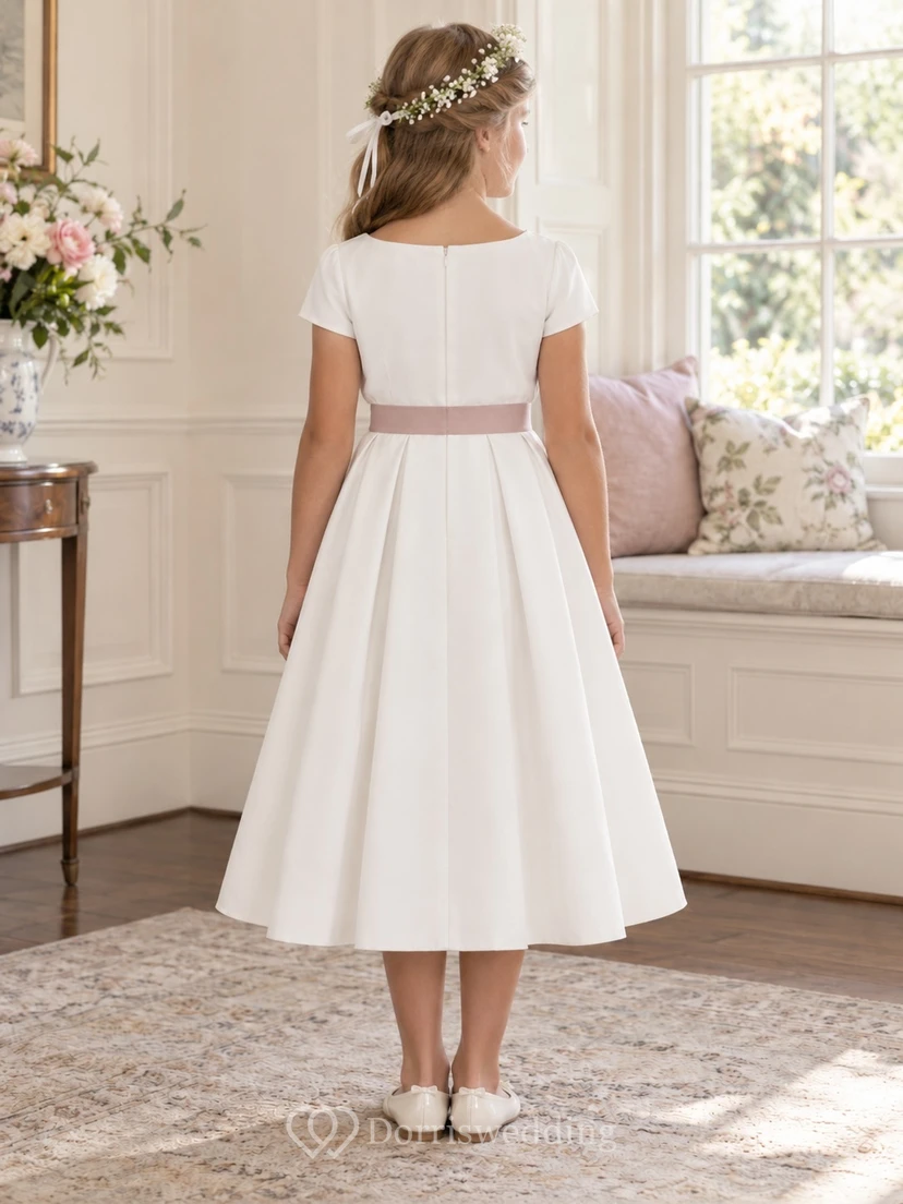 Simple Modest Tea-length White Bateau Short-sleeve Pink-waisted Gathered Zipper-back Flower Girl Dress view 2