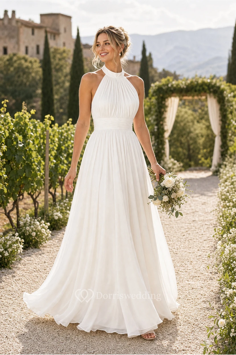 Vestido de novia blanco de corte A con escote halter view 5