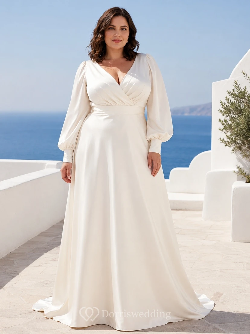 Simple Elegant V-Neck Long-Sleeve Jersey-Chiffon Draped A-Line Floor-Length Wedding Dress