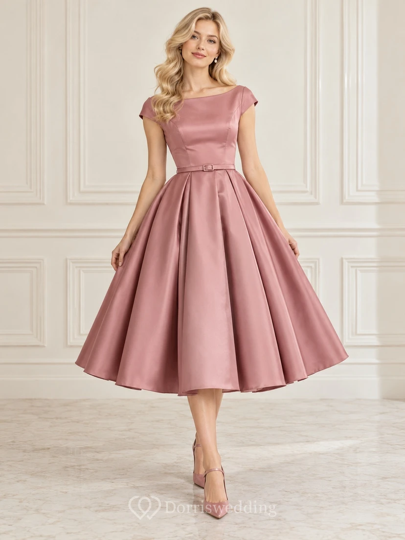 Robe de soirée vintage en satin mauve à manches bateau et coupe trapèze, longueur thé