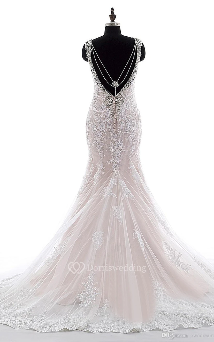 Mermaid Mini Straps V-Neck Bell Cap Beading Appliques Court Train Backless Straps Lace Dress view 4