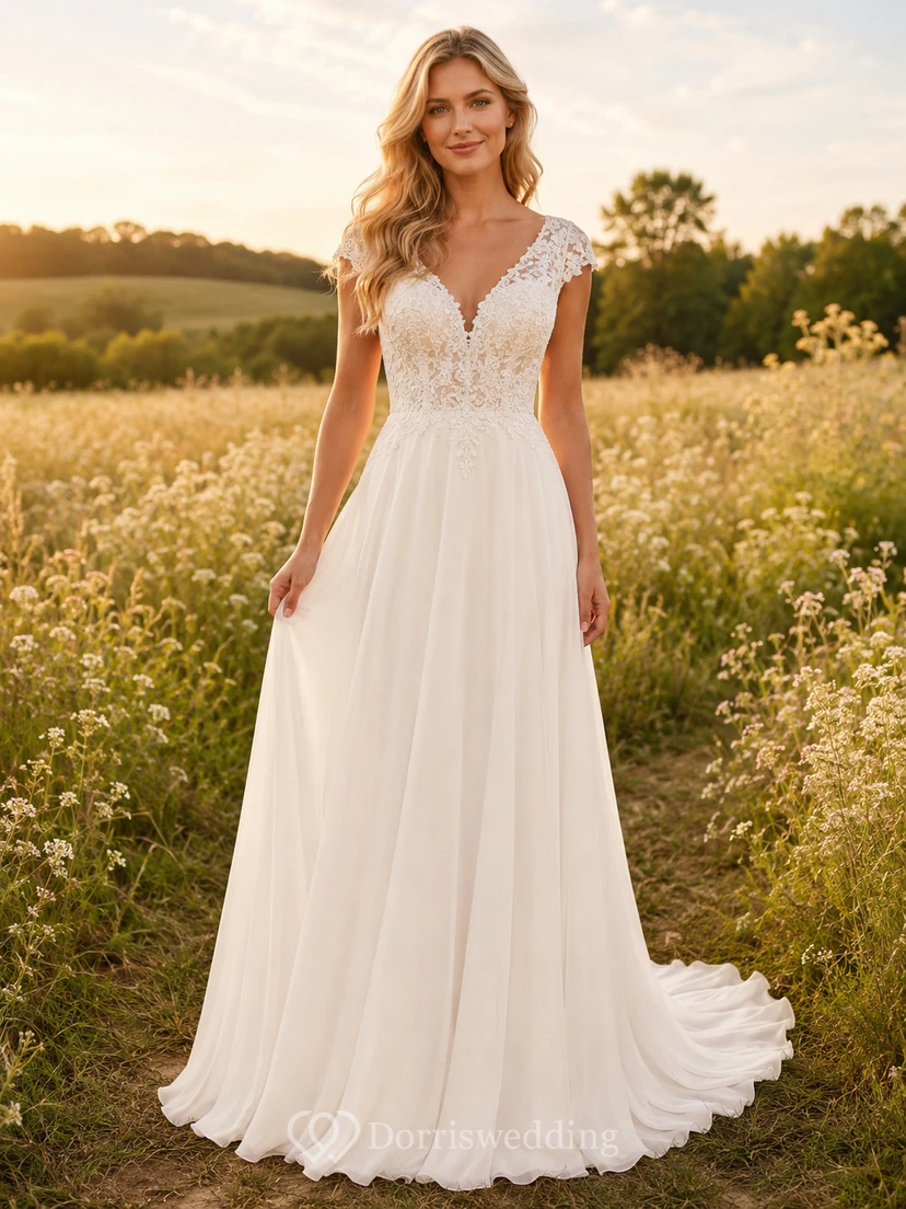 Brautkleid im Landhausstil mit Spitze, A-Linie, V-Ausschnitt, kurzen Ärmeln, Schleppe und tiefem V-Ausschnitt am Rücken