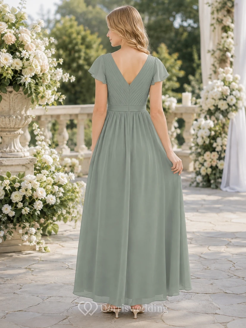 Celadonfarbenes Brautjungfernkleid für junge Damen, A-Linie, V-Ausschnitt, kurze Ärmel, plissiert, elegant view 2