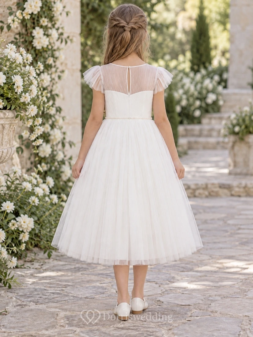 Tea-length Simple White Sweetheart Illusion Pleated Flutter Sleeve Pearl Waist A-Line Tulle Flowergirl Dress view 2