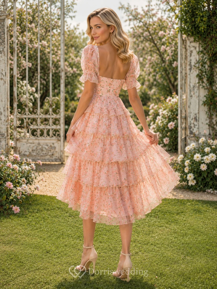 Peach Floral Square Neck Puff Sleeve Tiered Guest Dress view 2