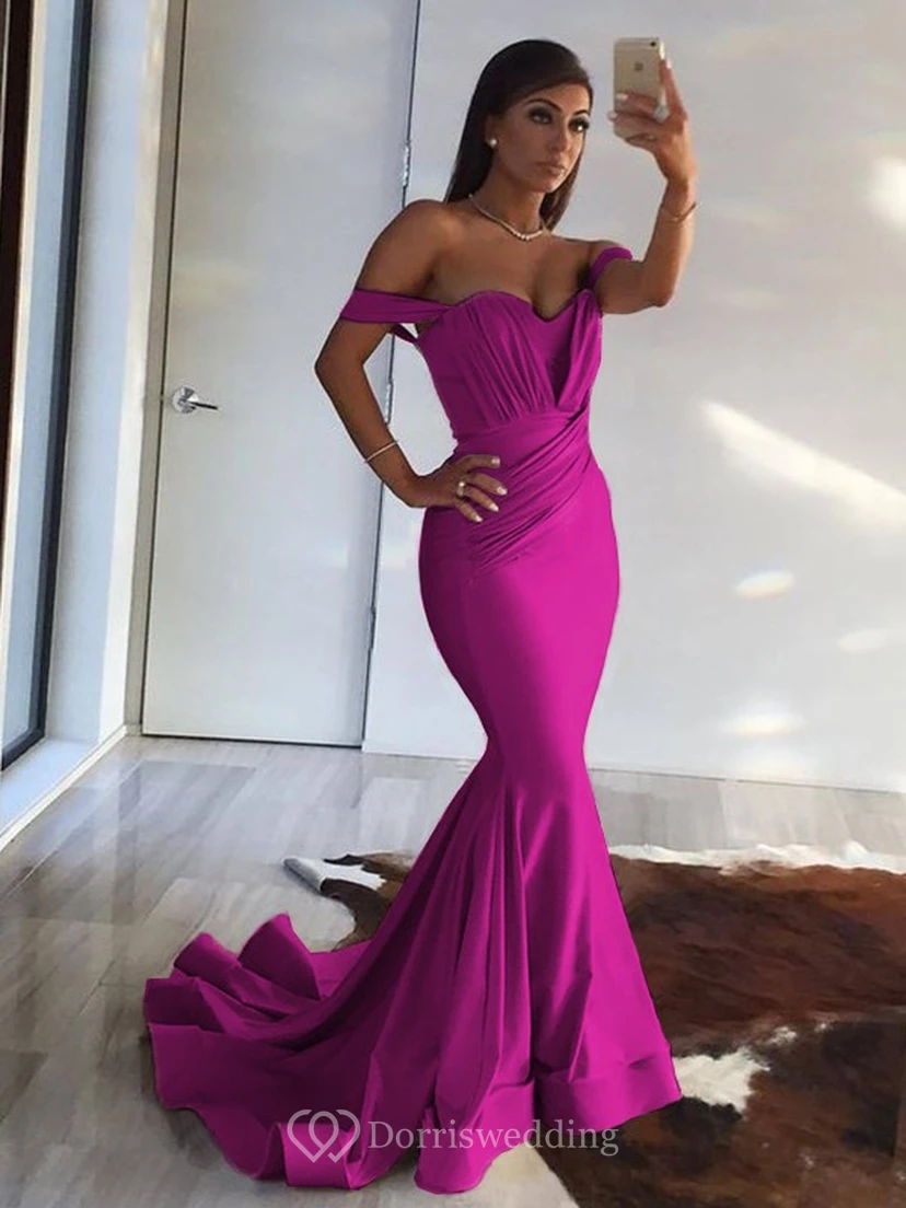 Sexy Mermaid Off-the-shoulder Sheath Champagne Ruched Evening Prom Dress view 13