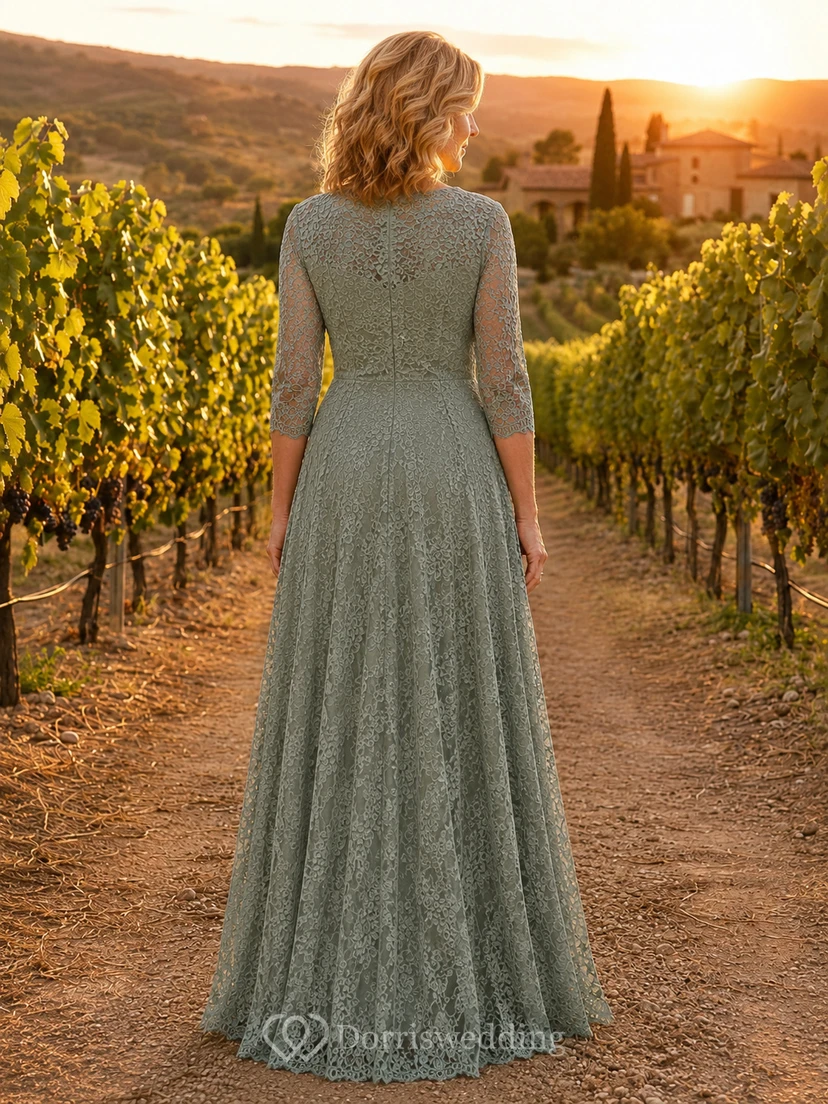 Salbeigrünes, langärmeliges Spitzen-A-Linien-Kleid für die Mutter des Weinbergs view 2