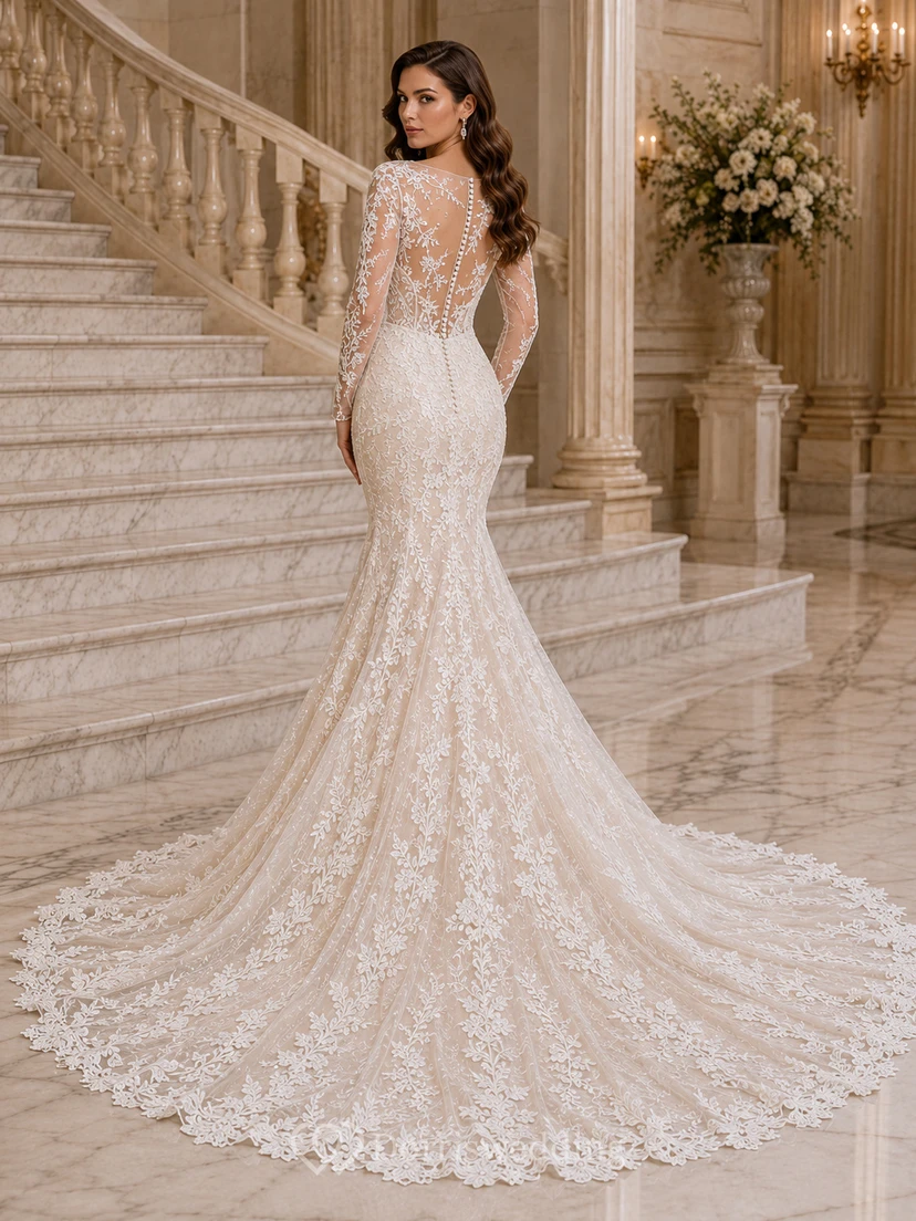 Robe de mariée sirène en dentelle immaculée, col V, manches longues, traîne chapelle, applications florales, style jardin view 2