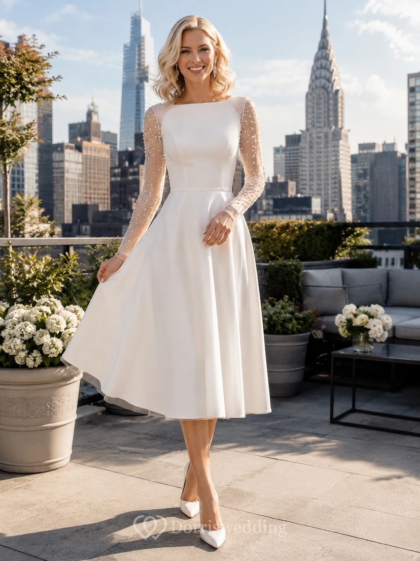 Robe de mariée civile modeste à manches longues et effet bateau, longueur thé