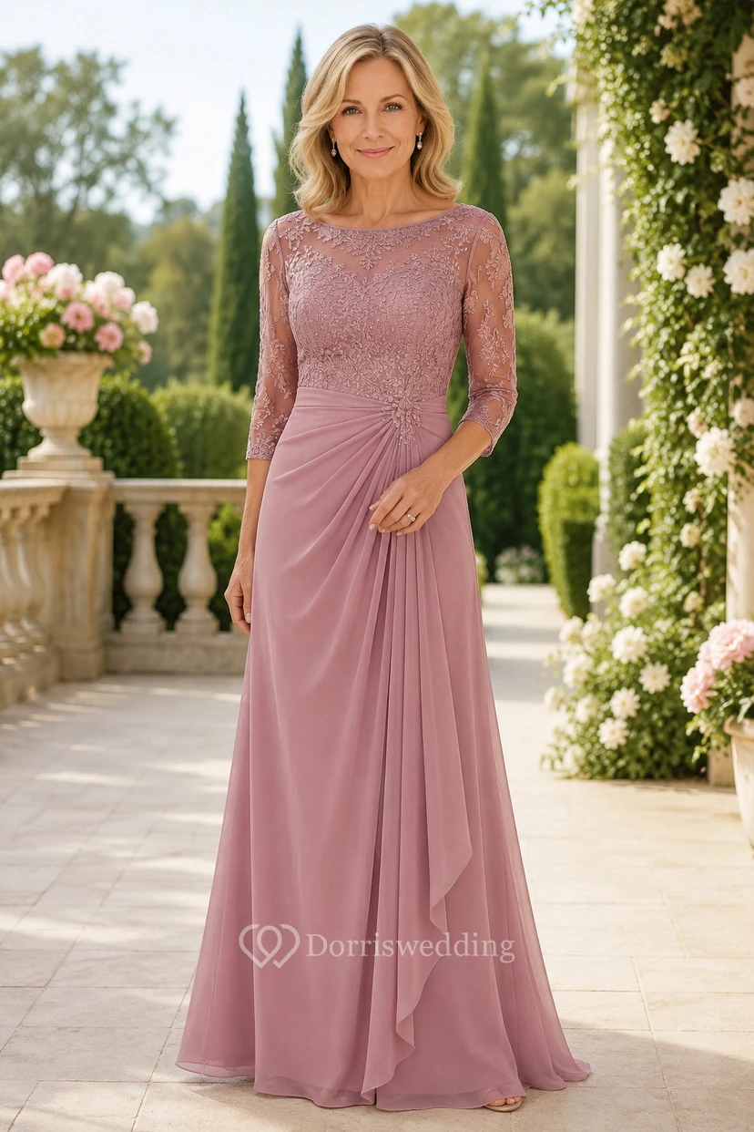 MOB-Kleid aus altrosafarbenem Chiffon mit Spitze, A-Linie, 3/4-Ärmeln, Rundhalsausschnitt, bodenlang, mit Rüschendetails und Drapierung