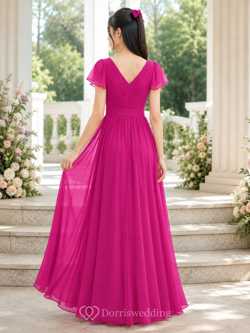 Fuchsiafarbenes Brautjungfernkleid für junge Mädchen, A-Linie, bodenlang, V-Ausschnitt, kurze Ärmel, verspielte Details, romantisch view 2