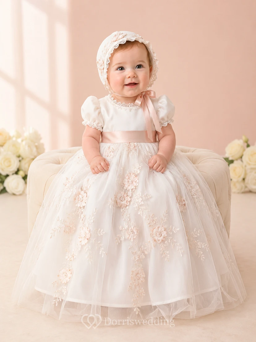 Blushing Pink Baby Baptism Christening Ceremony Gown A-Line Knee-Length Jewel Neck Short Sleeve Tulle Lace Floral Detail Floral Applique Bow Back Button Back