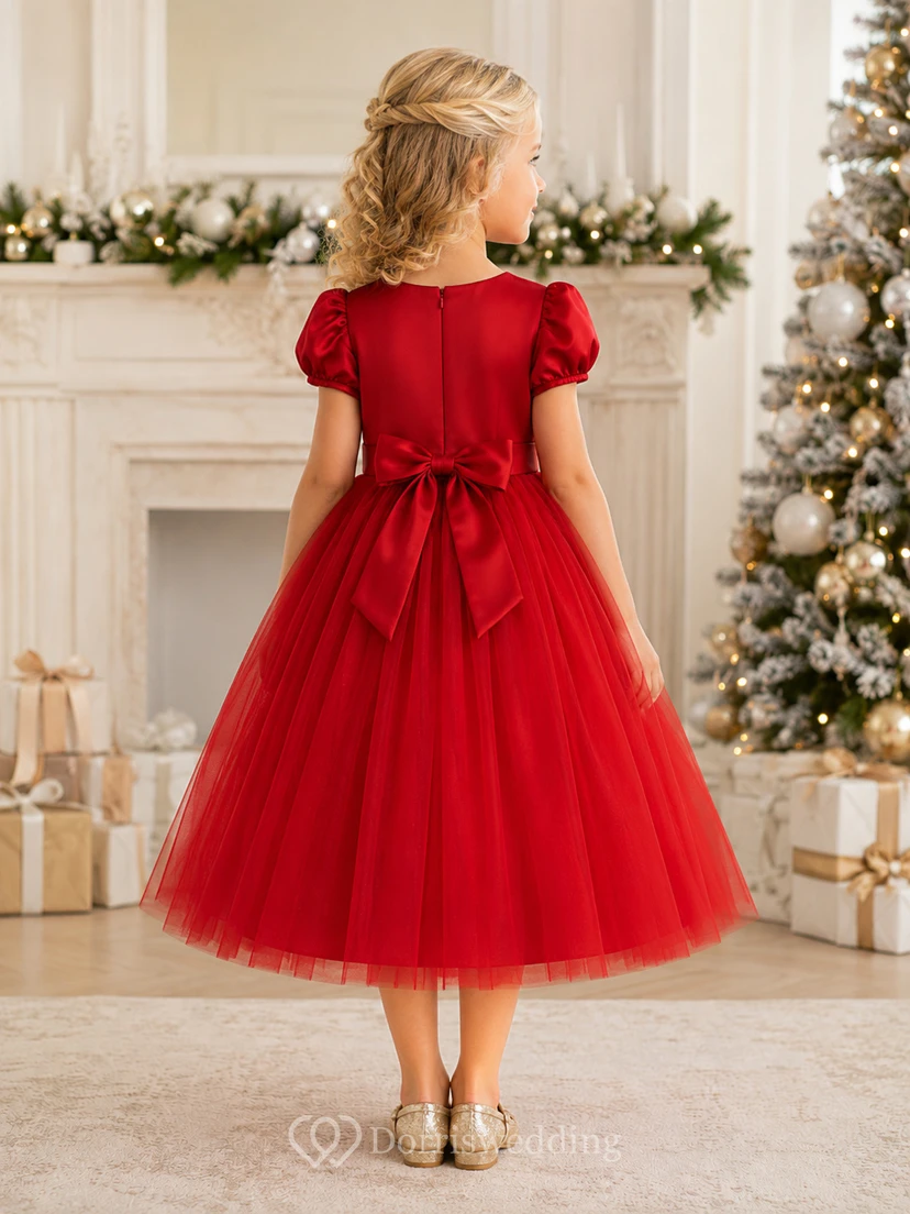 Red Puff Sleeve Tulle Tea-Length A-Line Bow Formal Winter Flower Girl Dress view 2