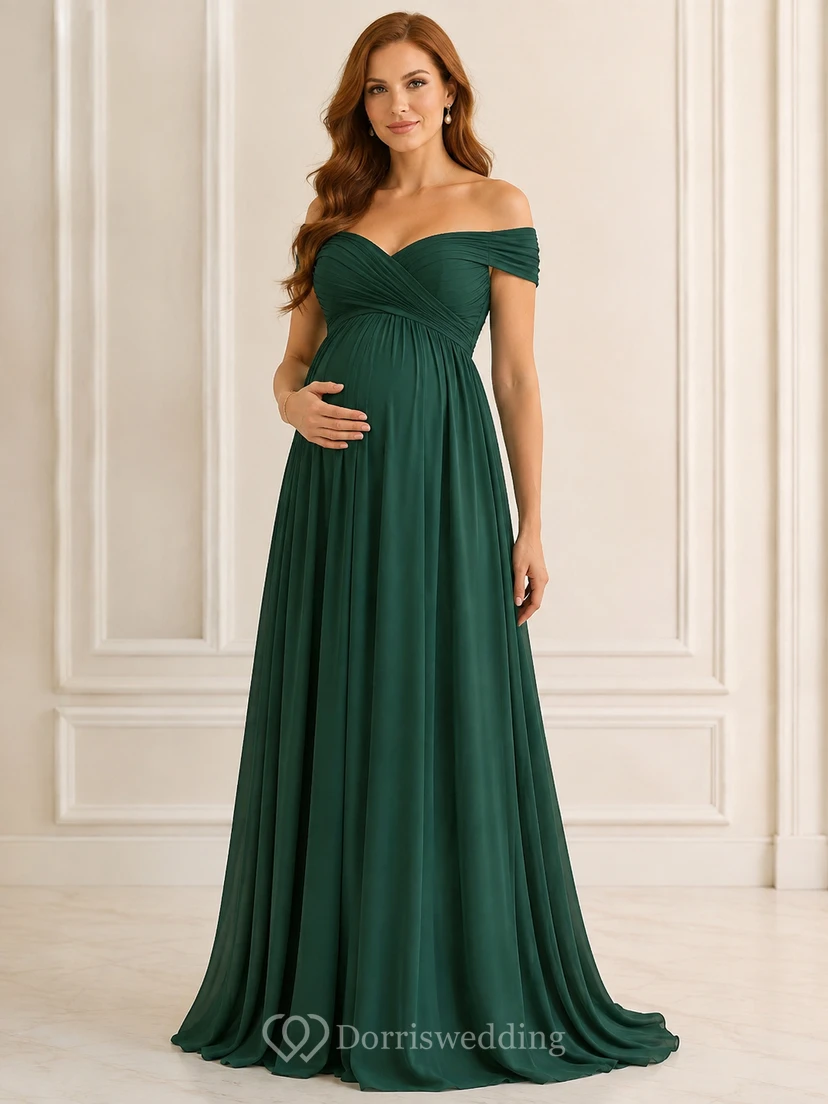 Robe de soirée longue en mousseline vert foncé à épaules dénudées et coupe empire, style trapèze, pour femme enceinte
