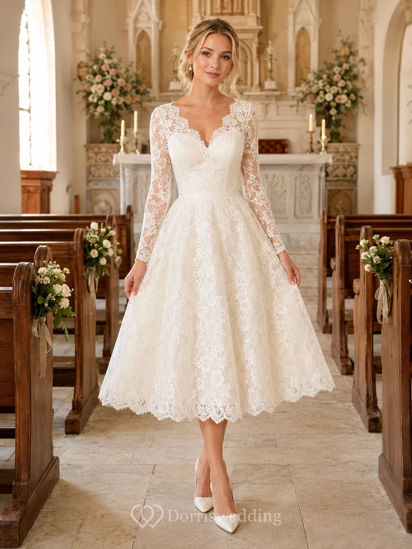 Romantic Tea Length Lace Long Sleeve V Neck Chapel Wedding Dress