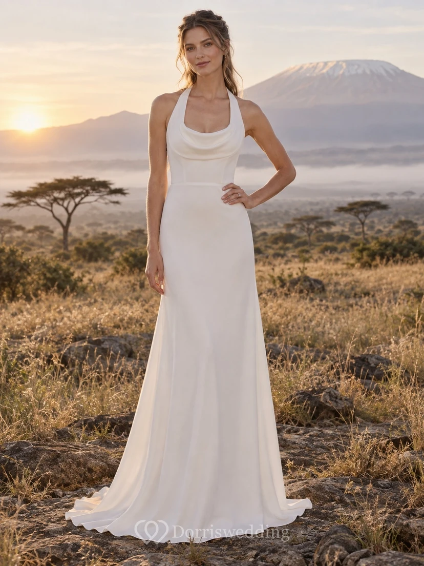 Vestido de novia sencillo de gasa con escote drapeado, cuello halter y tirantes anchos en la espalda.