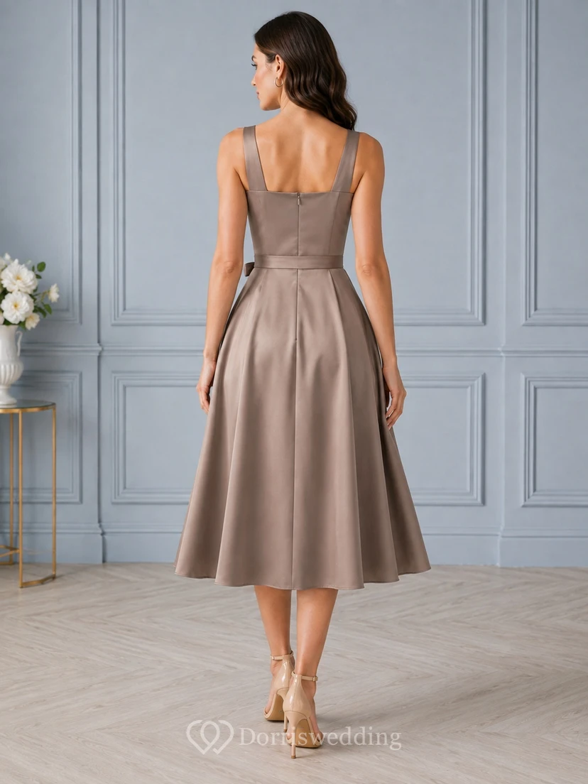 Robe cocktail moderne taupe en satin, sans manches, à encolure carrée et coupe trapèze, longueur thé view 2