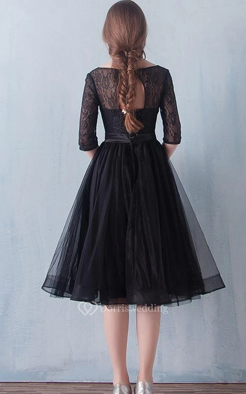 A-Line Scoop Half Sleeves Lace Sashes Tea-Length Prom Dress view 2