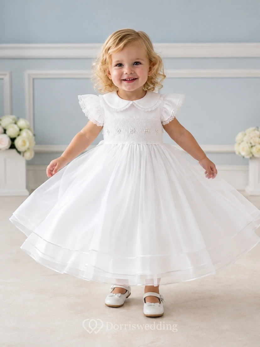 Adorable Jewel Neck Puff Sleeve Tulle A-Line Flowergirl Party Dress