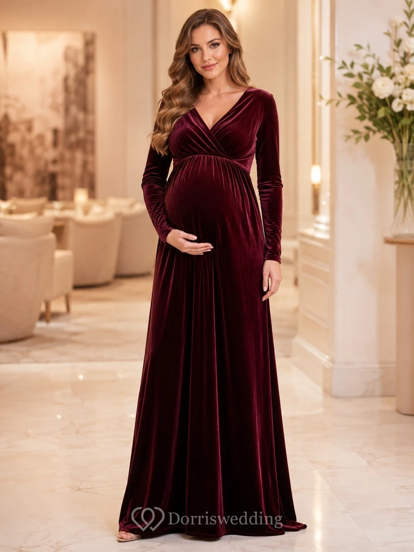 Vestido de noche formal de invierno de terciopelo con escote en V y mangas largas estilo imperio para embarazadas