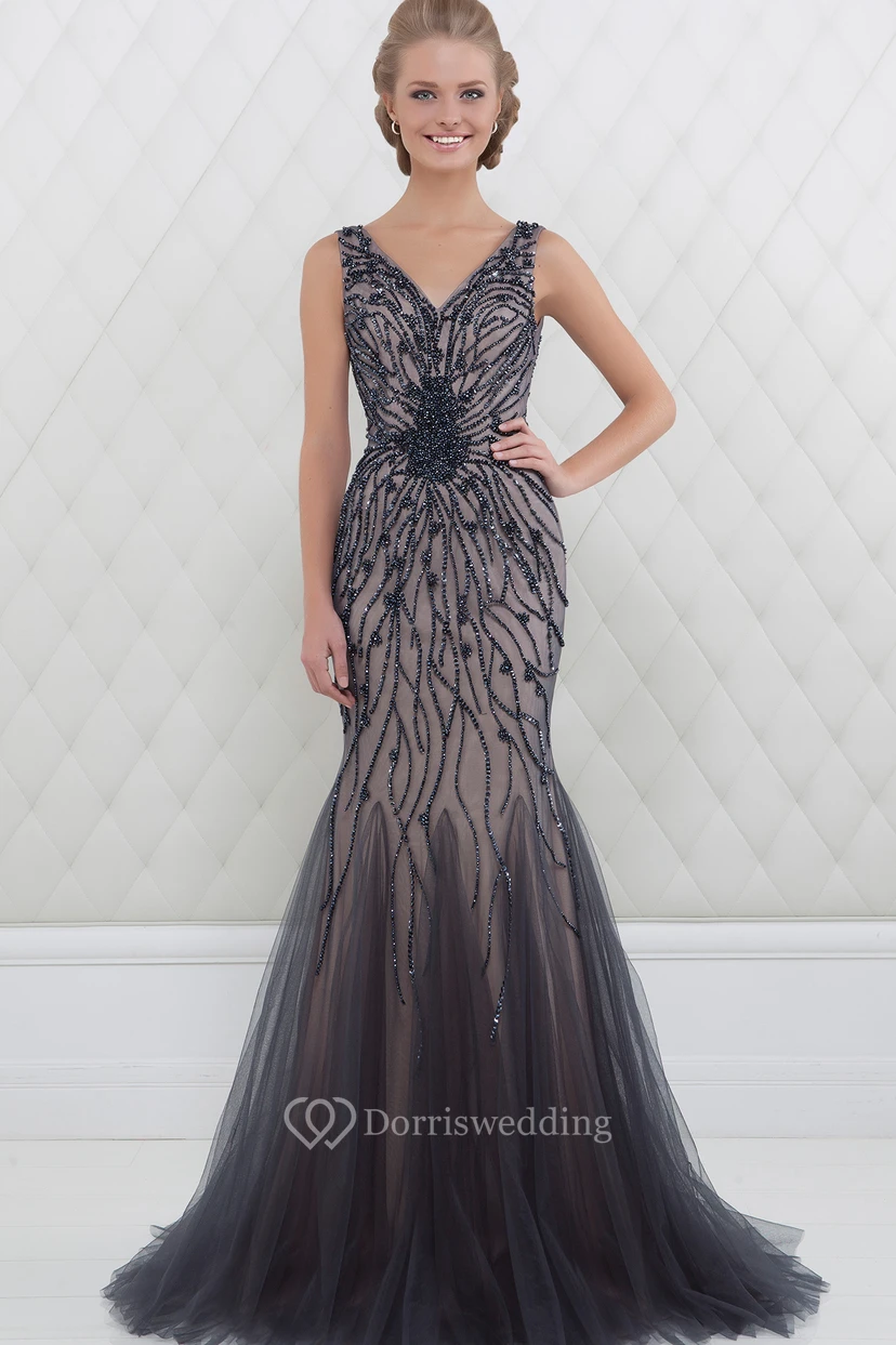 Mermaid Sleeveless Crystal V-Neck Floor-Length Tulle Prom Dress With Pleats