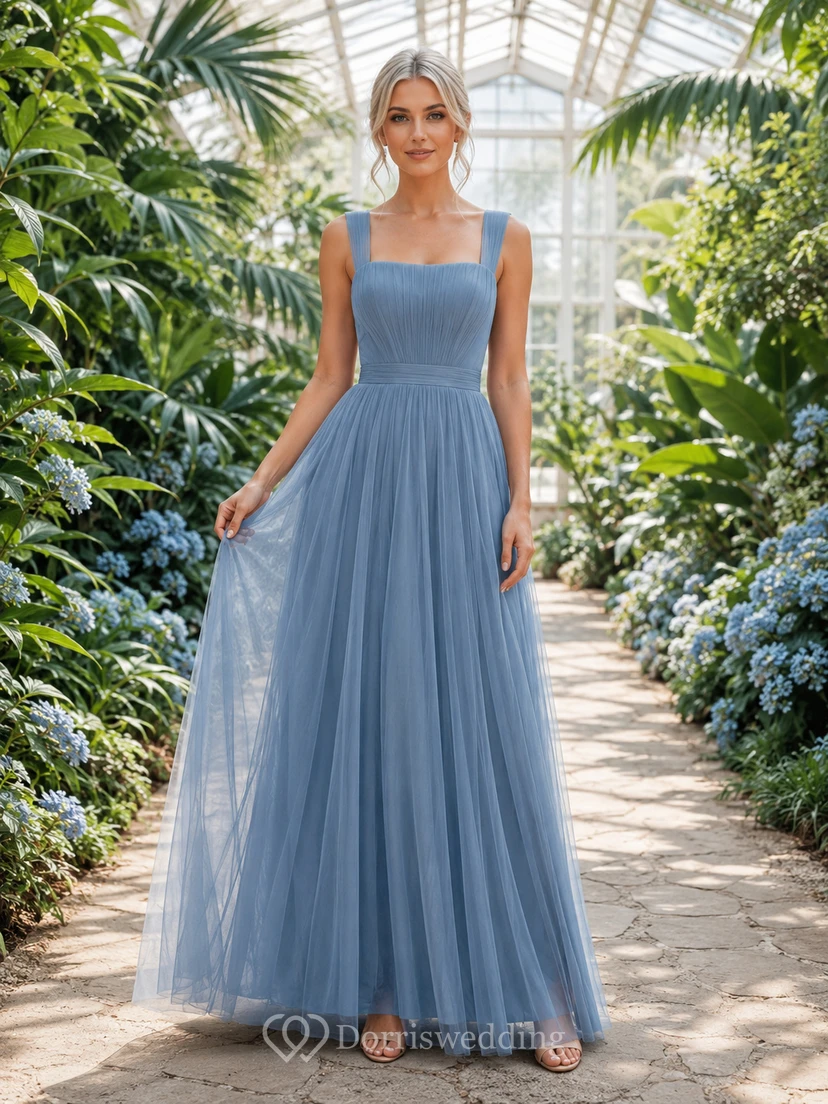 Steel Blue Greenhouse A-Line Tulle Bridesmaid Dress with Sleeveless Square Neck Straps Bodice, Pleated Floor-Length Skirt and Strappy Zipper Back
