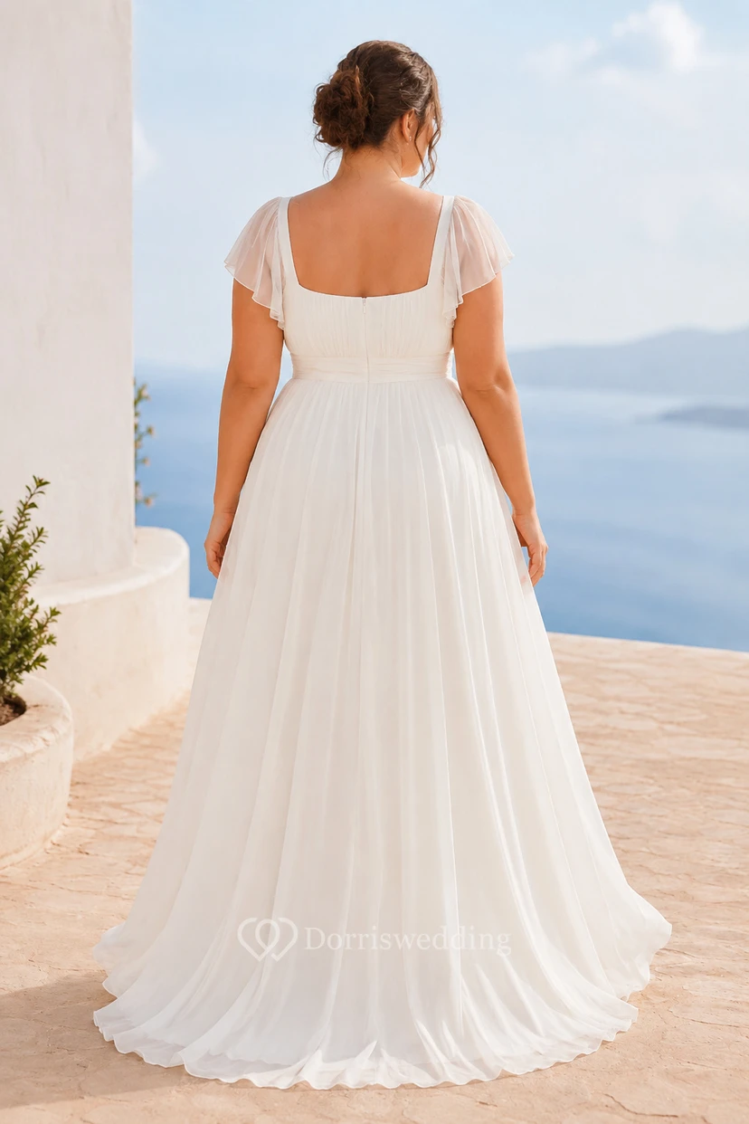 Elfenbeinfarbenes Brautkleid in A-Linie aus Tüll mit eckigem Ausschnitt und kurzen, transparenten Ärmeln in großen Größen view 2