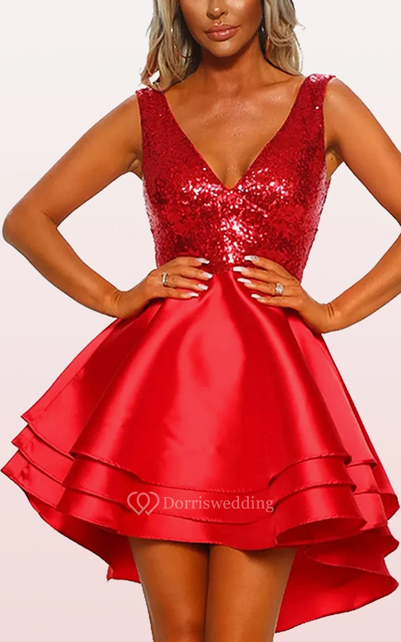 Satin Sequins High-Low Ball Gown Sleeveless Homecoming Dress with Ruffles view 6