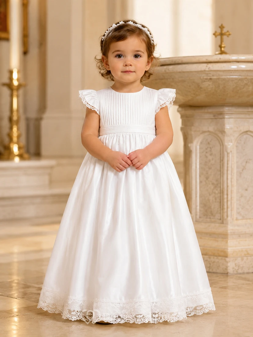 Elegantes kirchliches Taufkleid in A-Linie mit kurzen Ärmeln, bodenlang, schlicht und bezaubernd, aus Satin