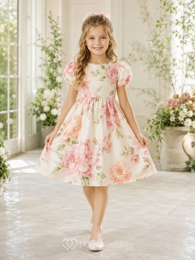 Übergroßes Blumenmädchenkleid mit Blumenmuster, Puffärmeln, A-Linien-Tüllrock, natürlicher Taille und Teelänge